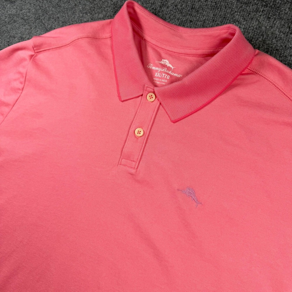 Tommy Bahama Polo Shirt Mens XXL Pink Short Sleeve Cotton Blend Pique Marlin